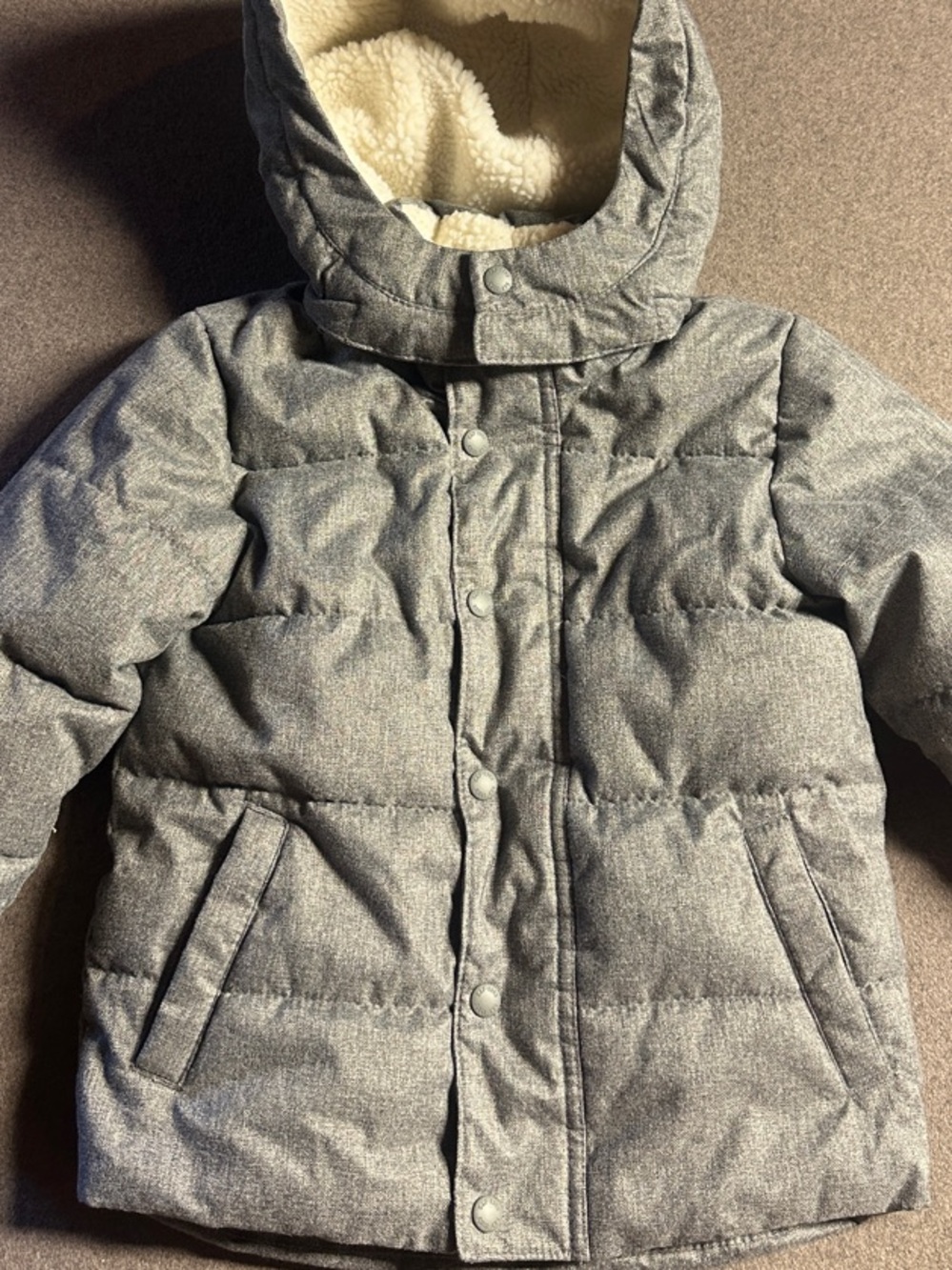 GAP Kids Gray Hooded Puffer Coat with Sherpa Lining